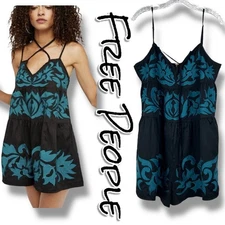 Free People Everblue Romper Black Blue Adjustable Straps Embroidery Womens Sz L