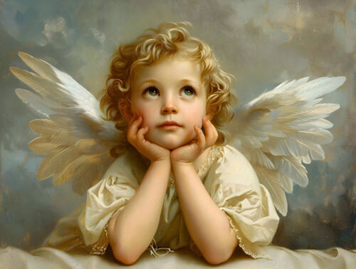 Wall Art Home Deco Whimsical Cherub Angel Oil Painting Picture Printed on Canvas - Picture 1 of 6