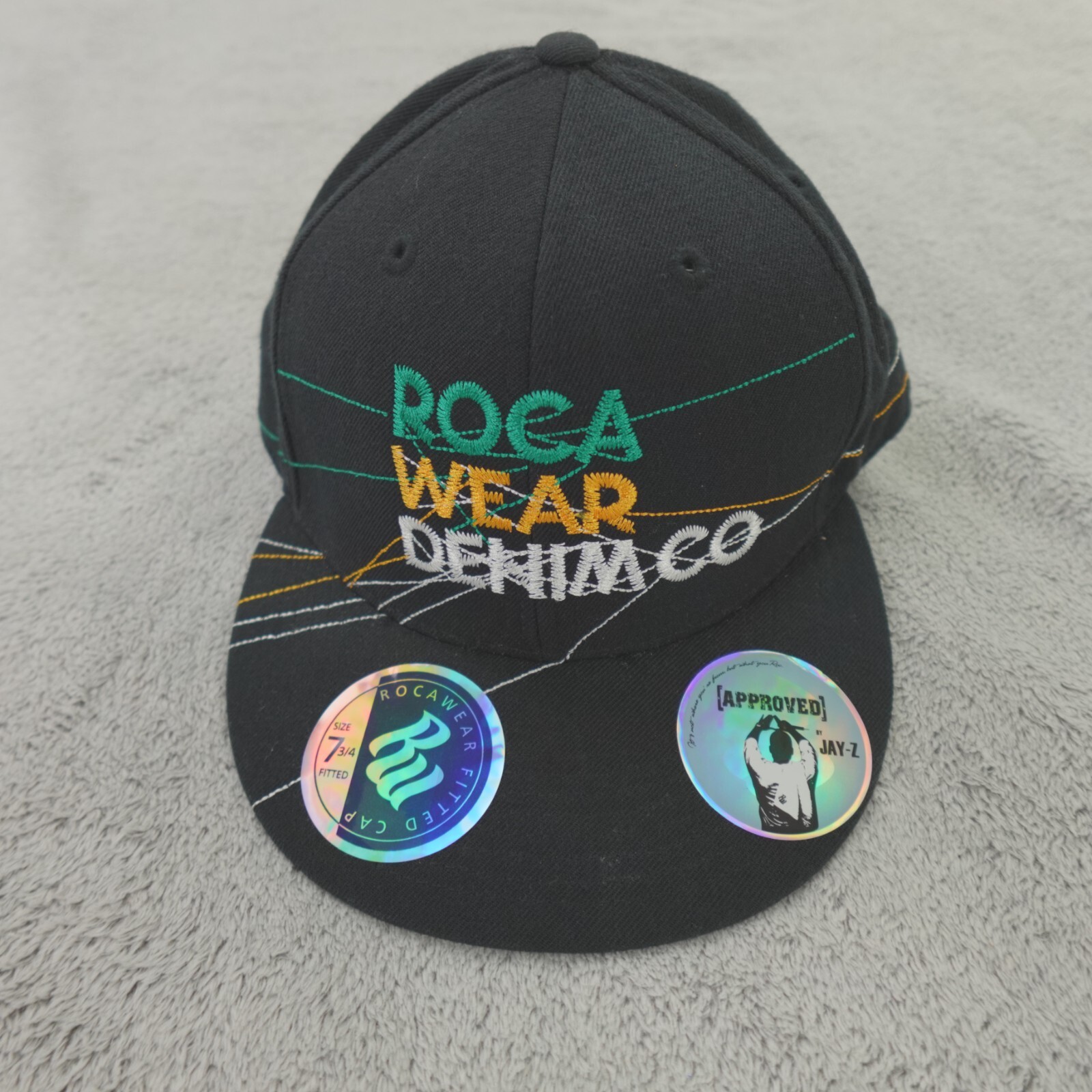 Roca Wear Hat Mens 7 3/4 Black Green Gold Embroidered Spell Out Denim Co Y2K