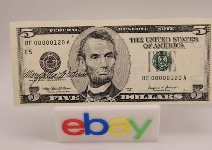1999 $5.00 Federal Reserve Note Low serial number # 00000120  - Image 2 of 4