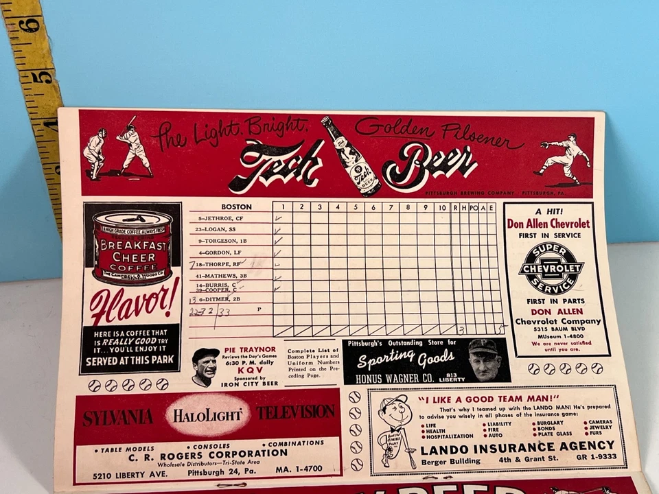 🔥1952 Pittsburgh Pirates Baseball Program vs Braves Unscored HIGH GRADE🔥 - Image 2 of 4
