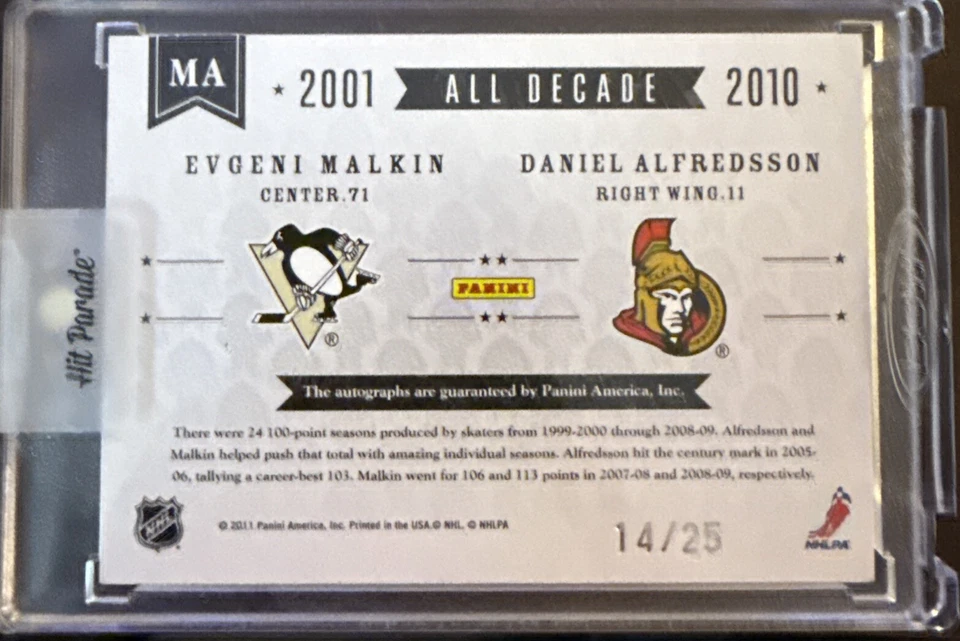 panini dominion hockey Dual Auto Evgeni Malkin & Daniel Alfredsson /25  - Image 2 of 2
