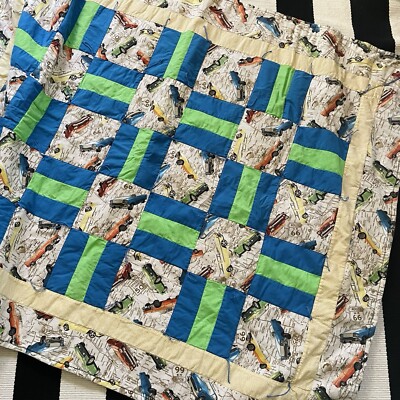 Handmade Baby Toddler Quilt- Route 66 Vintage Cars Travel Blue Yellow Green