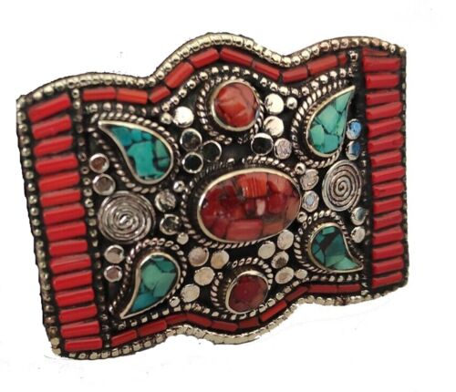 Tibetan Silver Belt Buckle Clasp waist trap Turquoise Coral Stone B47A - 第 1/2 張圖片