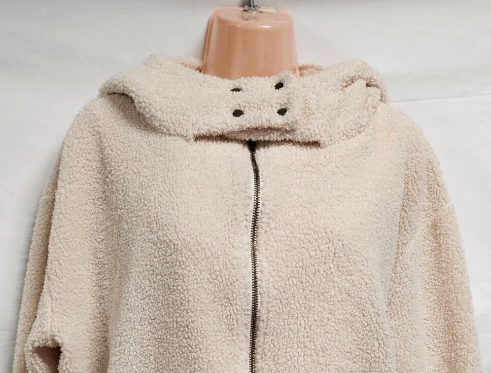 OFF WHITE Porridge Anthropologie taglia L avorio manica lunga sherpa felpa con cappuccio zip giacca