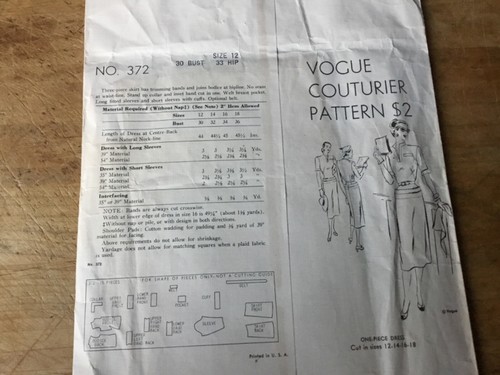 💐1941 VOGUE COUTURIER DESIGN 372-LADIES PRETTY WAR ERA DRESS PATTERN w/LABEL 12 - Picture 2 of 2