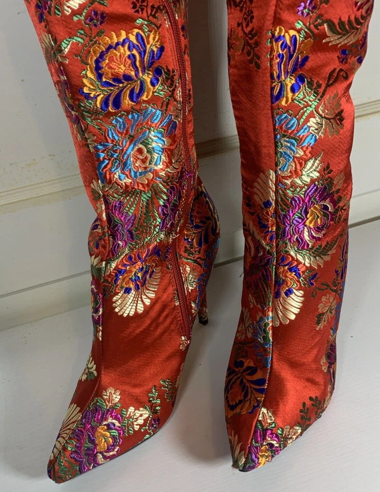 Anne Michelle Womens Over The Knee Boots Size 8-1/2 Red Floral Stiletto - Image 3 of 4