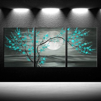 iKNOW FOTO 3pcs Grey and Teal Floral Canvas Prints Framed Plum Blossom Tree... 