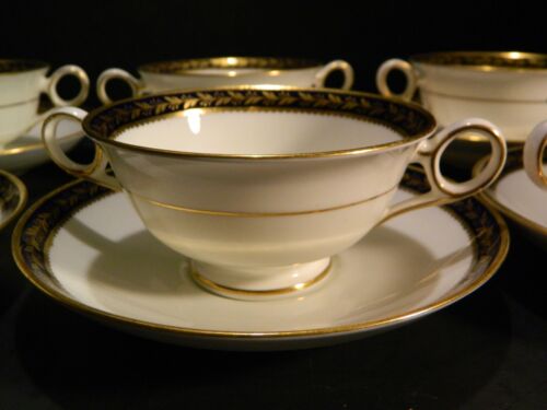 (6) Gilman Collamore Co. Cauldon Blau Gold Lorbeer Creme Suppenschalen & Unterteller - Bild 2 von 8