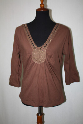 Kim & Cami Sz L Brown Pullover 3/4 Sleeve Knit Top Gold Glitter Statement V-Neck