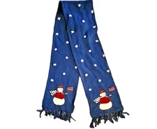 Scarf Muffler Embroidered Snowman Heavy Knit Blue with Fringe Patriotic Flag