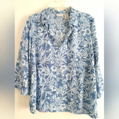 Jaclyn Smith Floral Hawaiian Shirt Blue White Size Large, Chest 38''