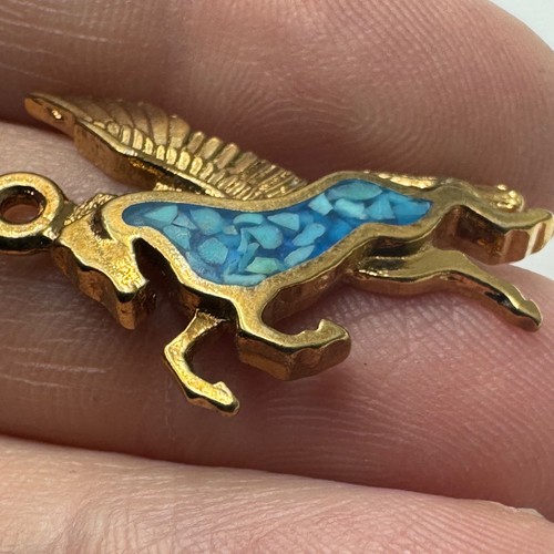 Ciondolo Vintage Pegaso Cavallo Alato Charm Tono Oro Look Turchese Intarsiato - Foto 5 di 5
