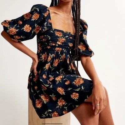 Women's The A&F Emerson Linen-Blend Puff Sleeve Mini Dress in Navy Floral | Size Xs | Abercrombie & Fitch
