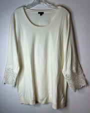 Talbots Women's Size Large Ivory Pullover Sweater Crochet Trim on Sleeve