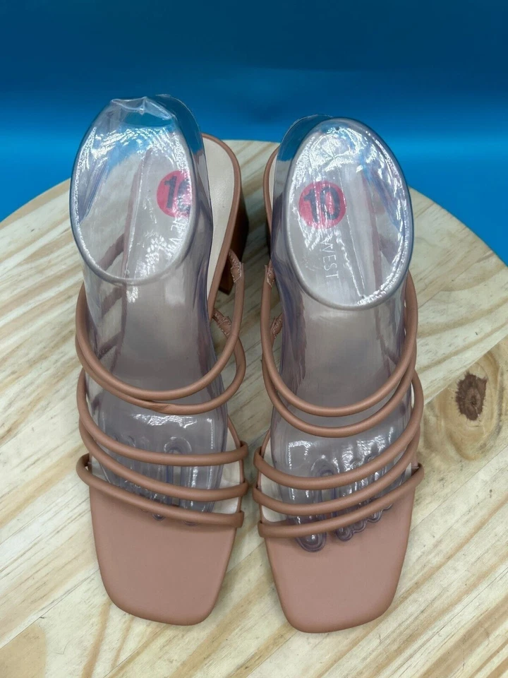 Sandalia Nine West con tiras para mujer talla 10M beige tacón ancho punta abierta sin cordones Foto 4 de 4