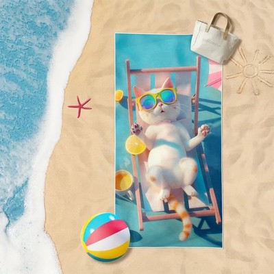 A Large, Soft, And Absorbent Towel Featuring a Cat Print, Perfect for The Beac
