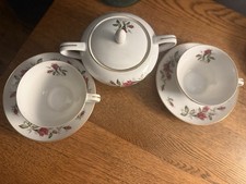 Vintage Made in Japan Pink Rose Tea Set Sugar Bowl Teacups Saucers Gold Trim