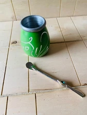 Mate Cup Vintage Engraved Green Aluminum Argentine Yerba Mate Gourd Set Straw