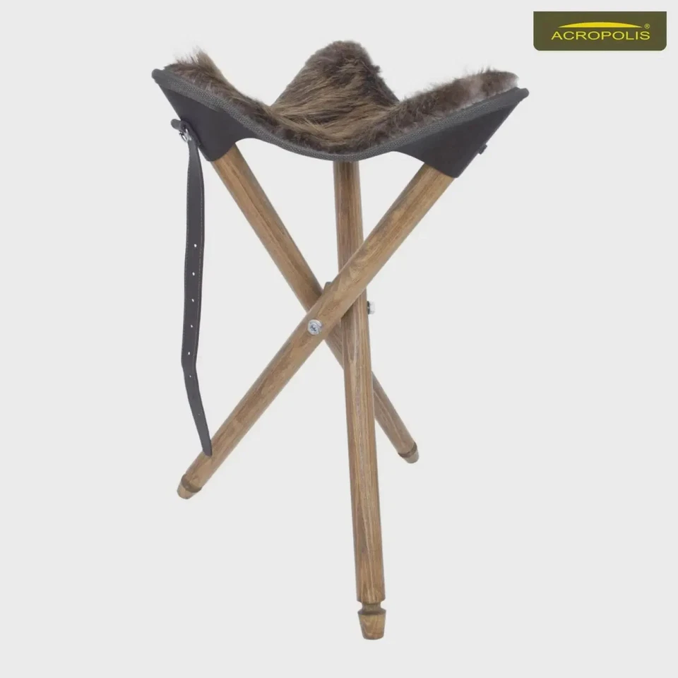 Folding Wooden Hunting Stool with Real Beaver Fur Seat - Image 2 of 4