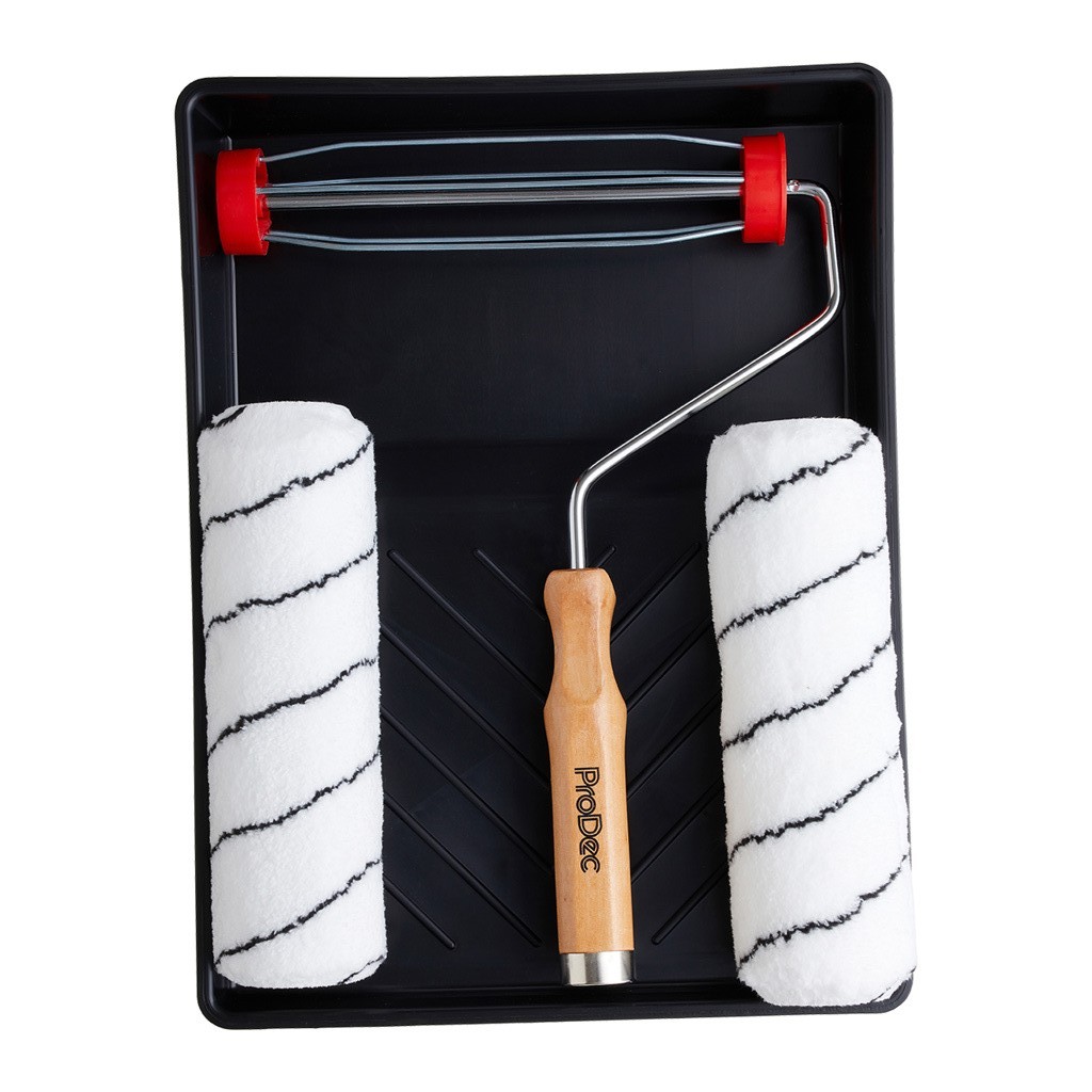 ProDec 4pc Microfibre Roller Kit 12mm Pile with Wooden Handle Frame & Tray
