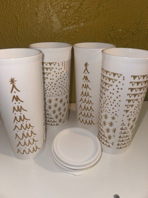 TUPPERWARE WHITE TUMBLERS WITH GOLD CHRISTMAS TREES (SET OF 4) 16oz