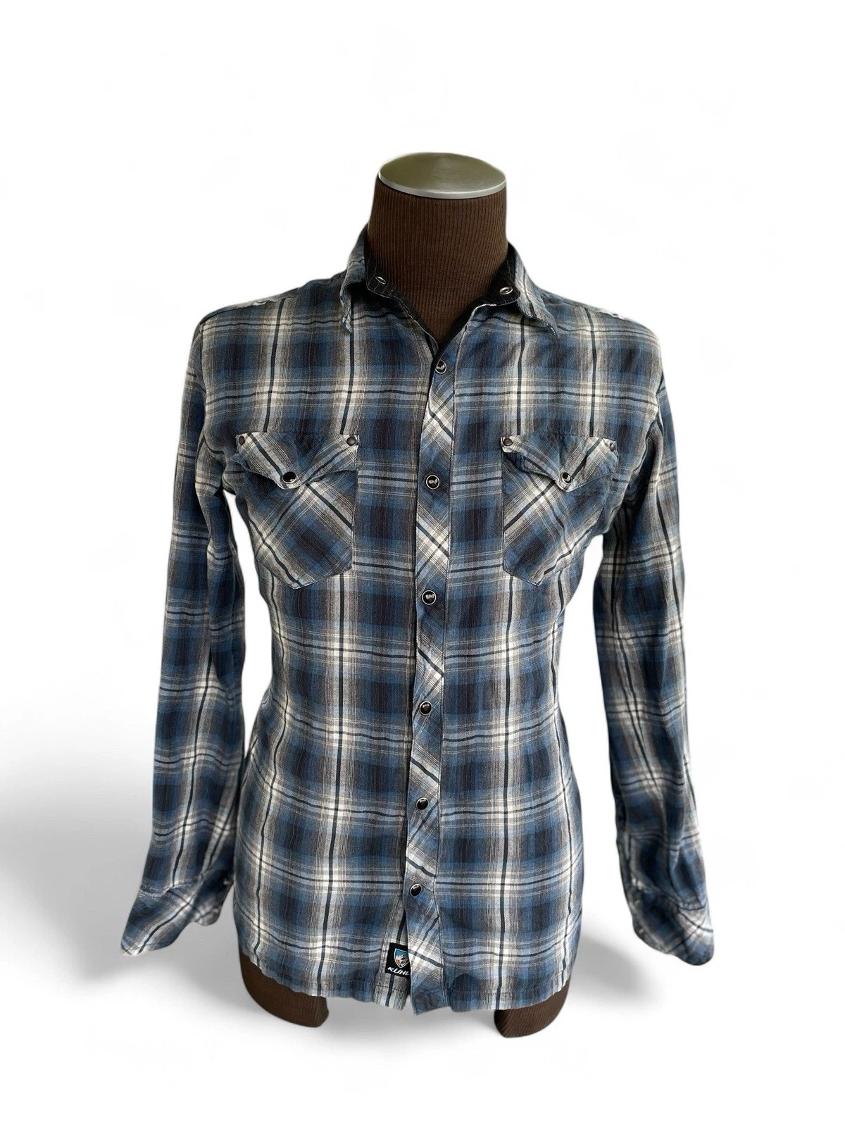 Kuhl Shirt Men M Blue Plaid Western Pearl Snap Outdoors Country Western Adult