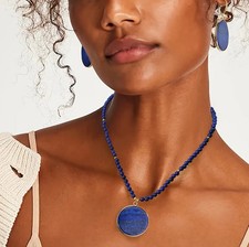 Pierced gold sparkle and blue bead-round stone necklace and earring set