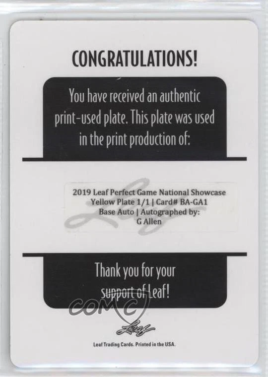 2019 Leaf Perfect Game National Showcase 1/1 G Allen #BA-GA1 Auto 0v2f - Image 2 of 3