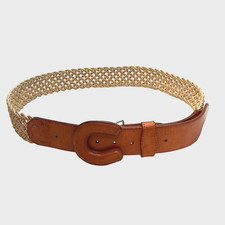 Talabarteria El Colotlense Mexican Brown Leather Cream Braided Wide Belt Size 42