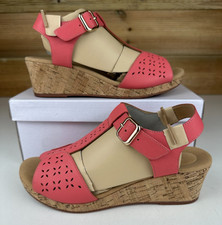 Hotter Wedge Sandals Martinique Coral Punched Leather Cork Size 6 UK 39 EU