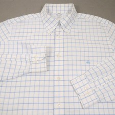 Brooks Brothers Dress Shirt Logo Mens L White Blue Check Regent Non Iron Supima