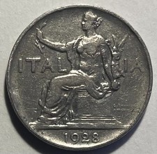 Italy 1 Lira 1928 - Italia Turrita - Victory (goddess Nike) & Olive Branch