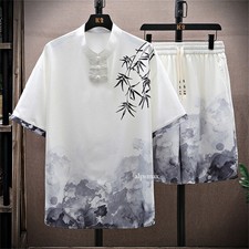 Men Summer Outfit 2-Piece Set Short Sleeve Shirt and Shorts Sweatsuit Set