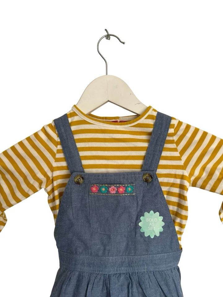 Monsoon Girls 2 Piece Set Denim Pinafore Embroidered Rabbits Top Dress 18 24 M - Image 2 of 4
