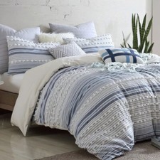 Chambray Blue White Striped Pom Pom 5pc Cotton Comforter Set Full Queen King Bed