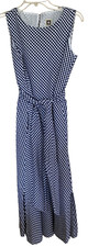 Anne Klein Size 4 Blue Check Sleeveless Attached Belt Pockets Slit on Both Sides