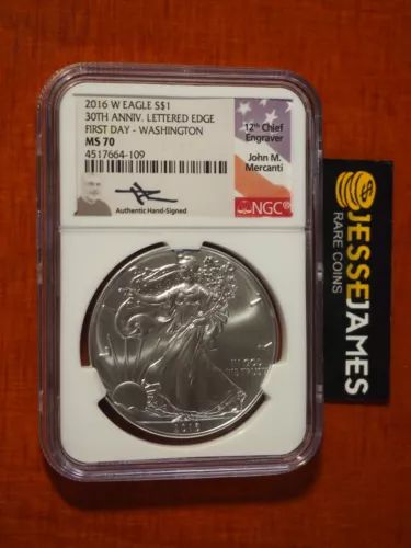 2016 W BURNISHED SILVER EAGLE NGC MS70 FDI MERCANTI SIGNED WASHINGTON LOCATION