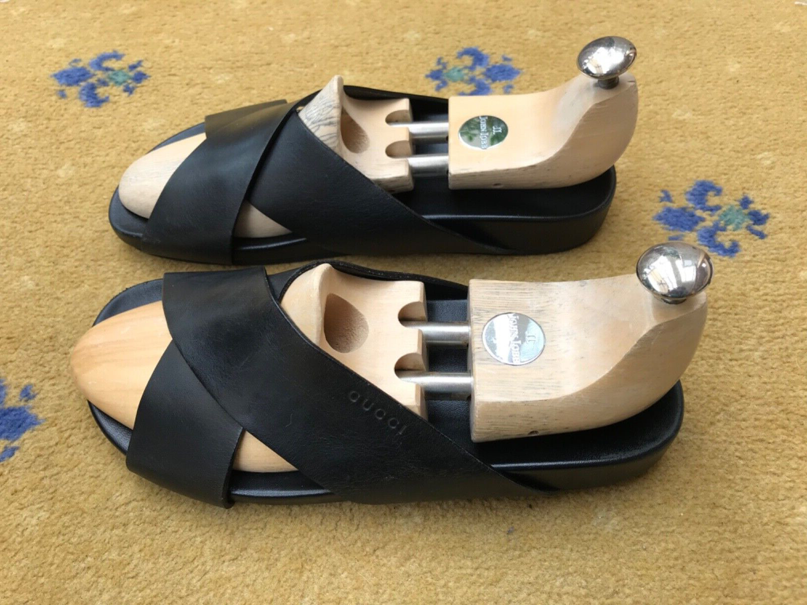 Gucci Sandals Shoes Leather Strap UK 7 US 8 EU 41 Mens Black Crossover