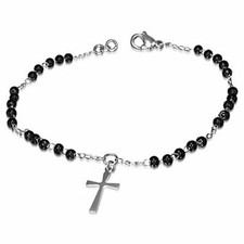 Stainless Steel Black Silver-Tone Religious Latin Cross Link Chain Bracelet