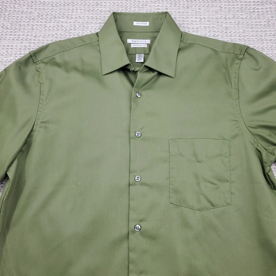Camisa de vestir Van Heusen Lux satén para hombre L 15,5 X 34/35 verde manga larga nueva sin etiquetas Foto 4 de 4