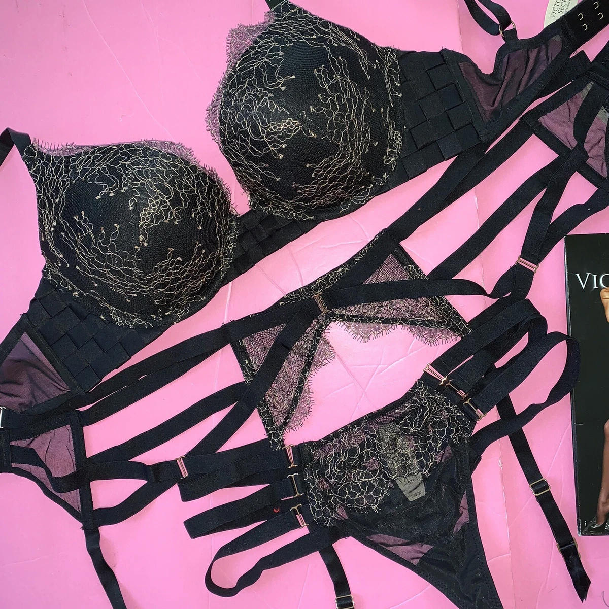 Victoria's Secret 34C BOMBSHELL BRA SET+garter Black Beige Strappy