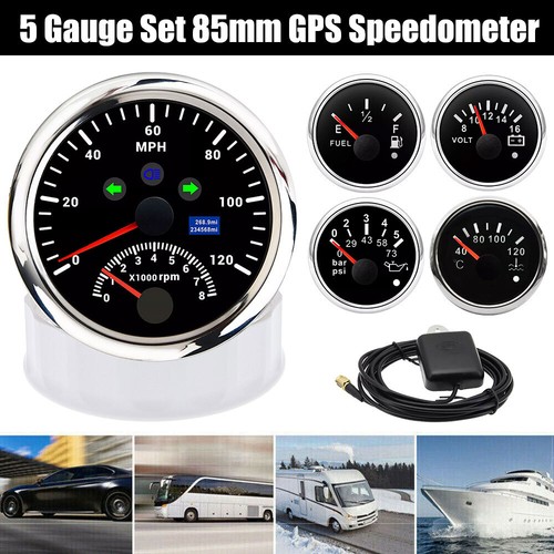 5 Gauge Set 85mm GPS Speedometer 120MPH Tacho Fuel Gauge Oil Pressure Temp Volt - Picture 2 of 14