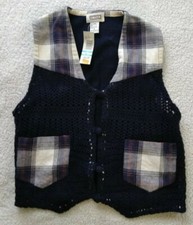 62 East Nwt Small Navy Blue Knit Vest With Plaid Pockets Button Up Vintage 90s
