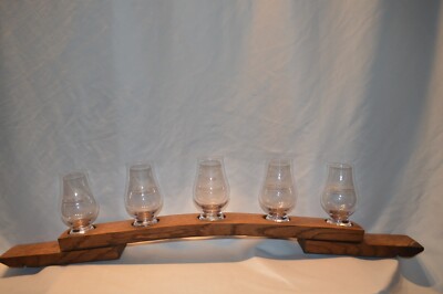 Barrel Stave Whiskey tasting flight board for 5 Glencairn glasses, bourbon