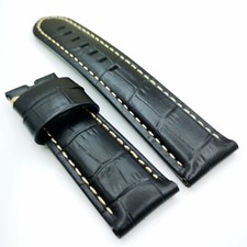 24mm / 22mm Black Bamboo Leather Tang Buckle Strap Band for PAM PAM111 Watch