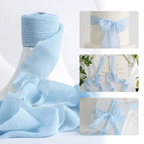 HUIHUANG Crinkle Silk Ribbon Baby Blue Silk Chiffon Ribbon 1-1/2 inch x 5  Yar