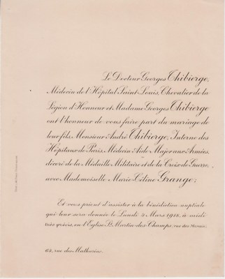 1918 Hochzeitsurkunde André THIBIERGE & Marie-Céline GRANGE - Paris
