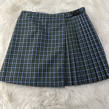 Wild Fable M pleated green plaid wrap skirt stretch waist buckle accent