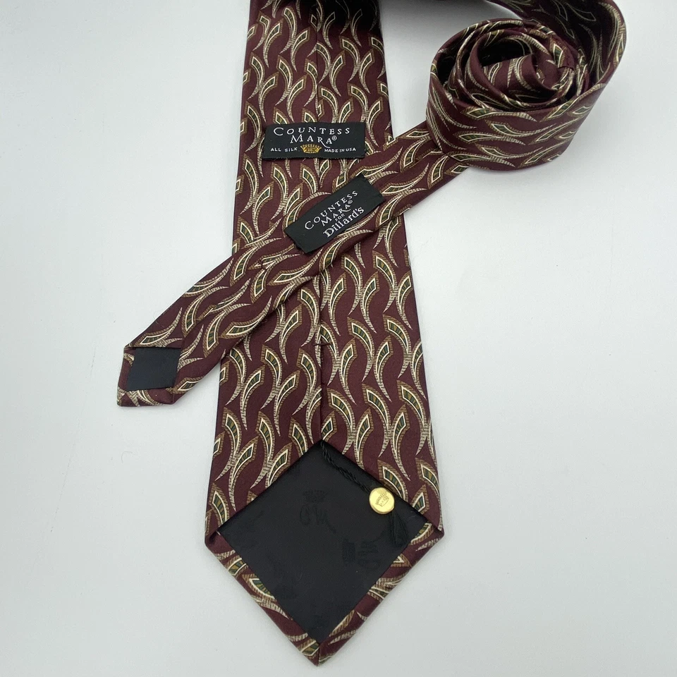 Countess Mara Mens 100% Silk Tie Burgundy Red Geometric Safari Vtg USA 58”x4” - Image 3 of 4
